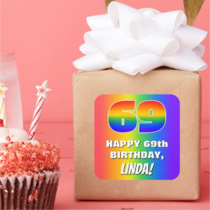 69th Birthday: Colourful, Fun Rainbow Pattern # 69 Square Sticker