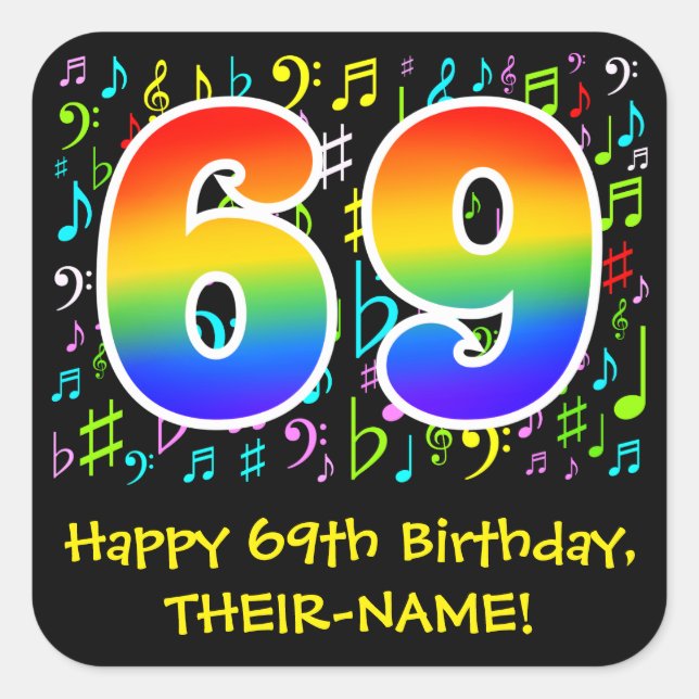 69th Birthday: Colourful Music Symbols, Rainbow 69 Square Sticker (Front)