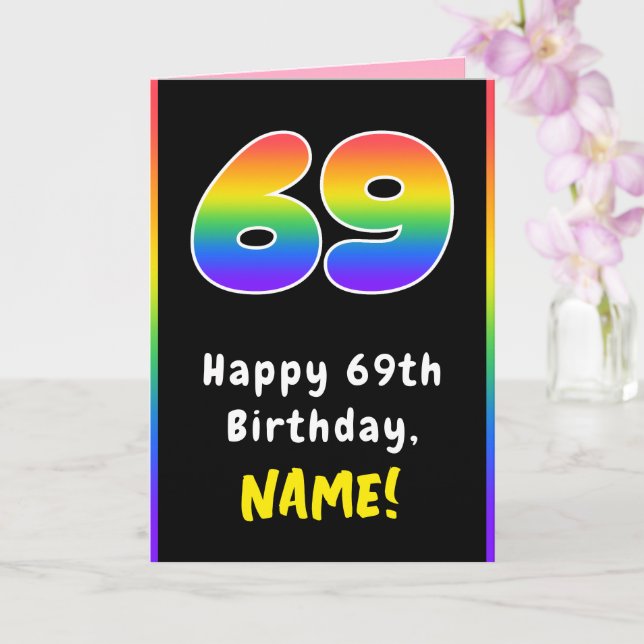 69th Birthday: Colourful Rainbow # 69, Custom Name Card (Orchid)