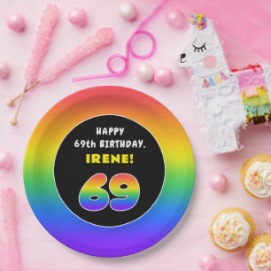 69th Birthday: Colourful Rainbow # 69, Custom Name Paper Plate