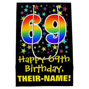 69th Birthday: Colourful Stars Pattern & Rainbow 6 Medium Gift Bag