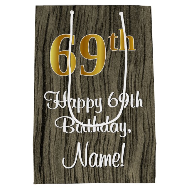 69th Birthday: Elegant Faux Gold Look #, Faux Wood Medium Gift Bag (Back)