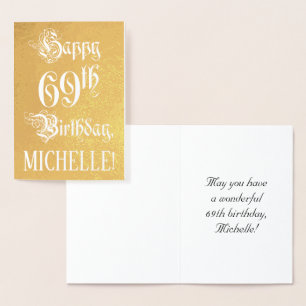 69th Birthday: Elegant, Ornate Script; Custom Name Foil Card