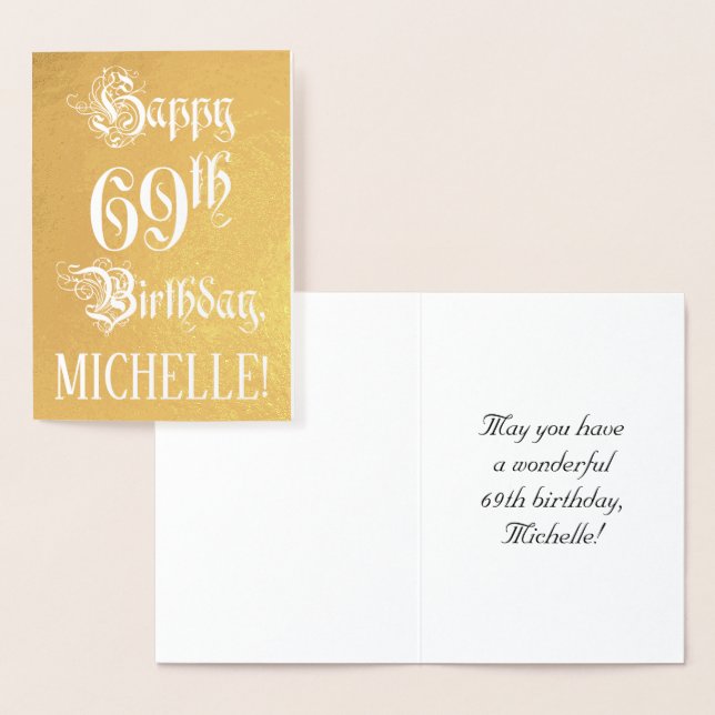 69th Birthday: Elegant, Ornate Script; Custom Name Foil Card (Display)