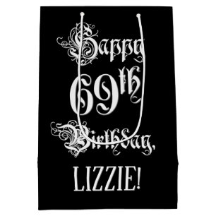 69th Birthday: Fancy, Elegant Script + Custom Name Medium Gift Bag