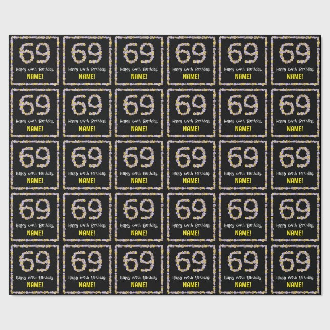 69th Birthday: Floral Flowers Number, Custom Name Wrapping Paper (Seam)