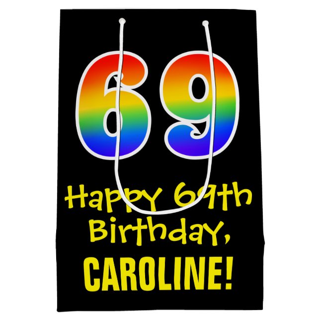 69th Birthday: Fun, Bold, Colourful, Rainbow "69" Medium Gift Bag (Back)
