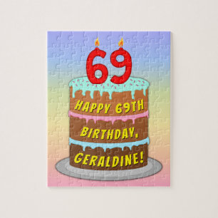 69th Birthday: Fun Cake and Candles + Custom Name Jigsaw Puzzle