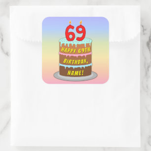 69th Birthday: Fun Cake and Candles + Custom Name Square Sticker