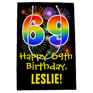 69th Birthday: Fun Fireworks Pattern + Rainbow 69 Medium Gift Bag
