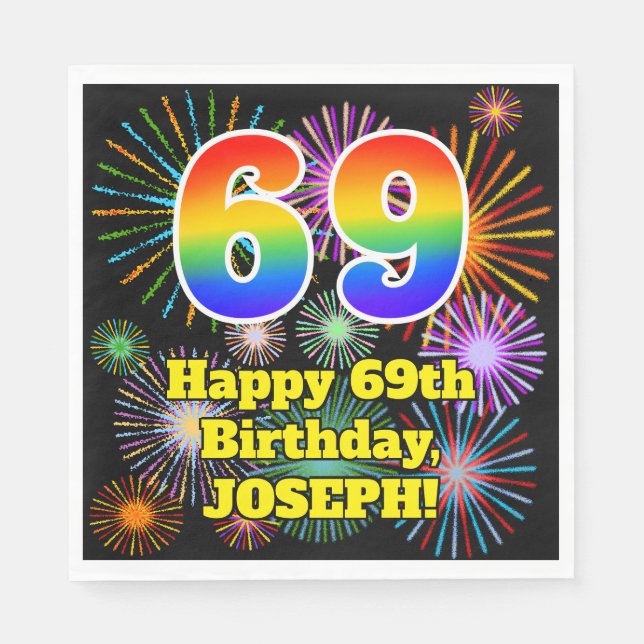 69th Birthday: Fun Fireworks Pattern + Rainbow 69 Napkin (Front)