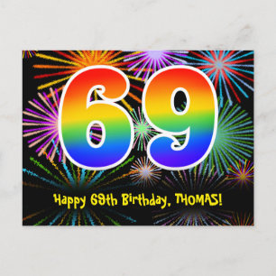 69th Birthday – Fun Fireworks Pattern + Rainbow 69 Postcard