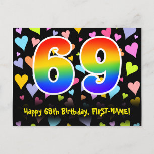 69th Birthday: Fun Hearts Pattern, Rainbow 69 Postcard