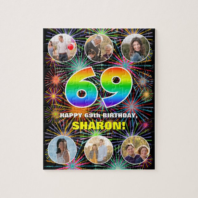 69th Birthday: Fun Rainbow #, Custom Name + Photos Jigsaw Puzzle (Vertical)