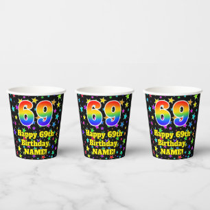 69th Birthday: Fun Stars Pattern and Rainbow 69 Paper Cups