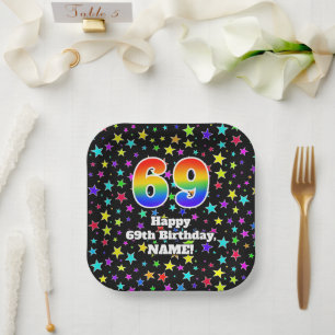 69th Birthday: Fun Stars Pattern and Rainbow “69 Paper Plate