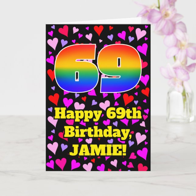 69th Birthday: Loving Hearts Pattern, Rainbow # 69 Card (Orchid)