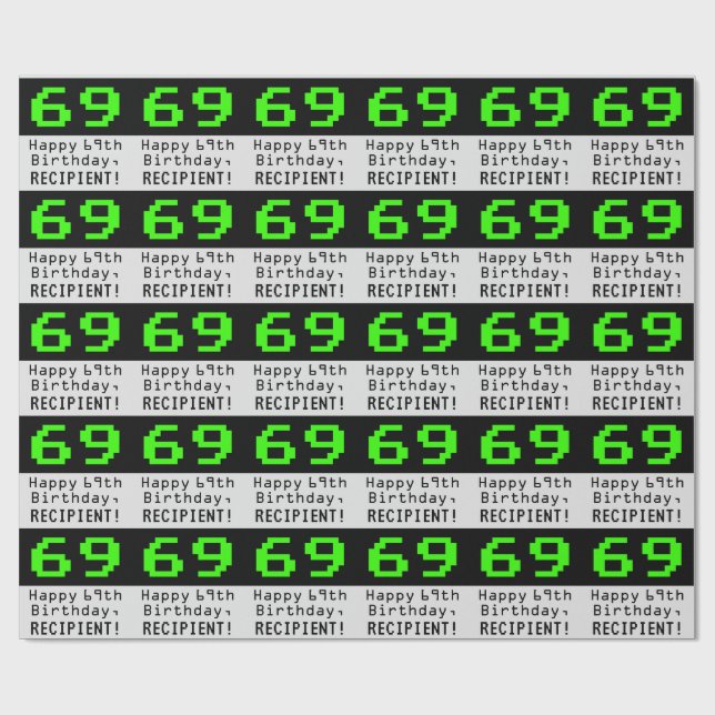 69th Birthday - Nerdy / Geeky Style "69" and Name Wrapping Paper (Flat)
