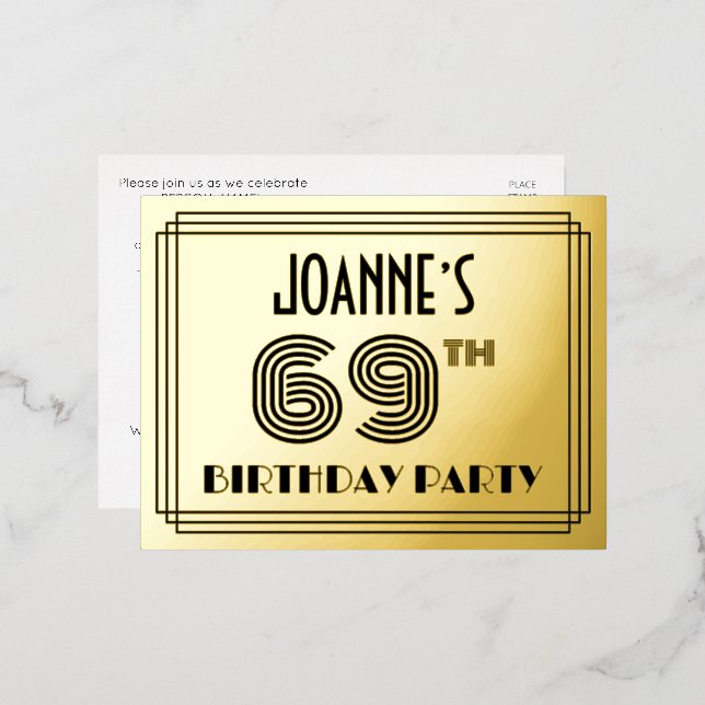 69th Birthday Party ~ Art Deco Style “69” + Name Foil Invitation Postcard (Front/Back)