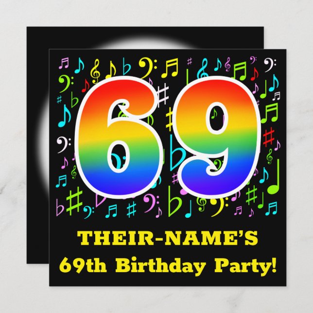 69th Birthday Party: Fun Music Symbols, Rainbow 69 Invitation (Front/Back)