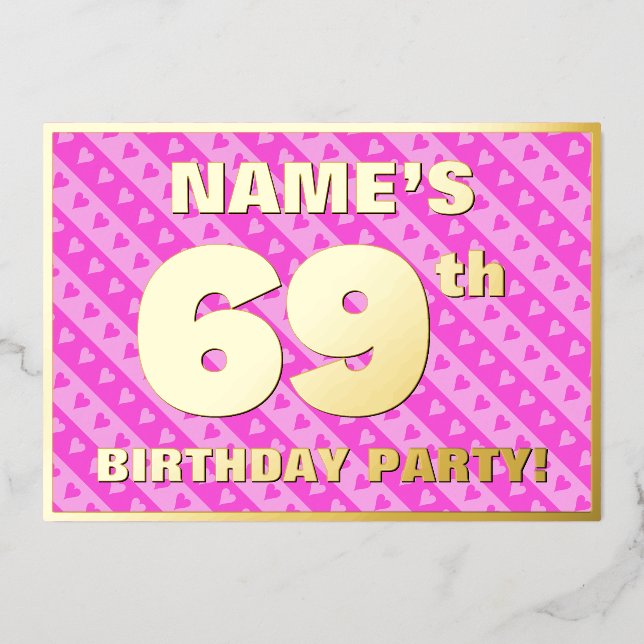 69th Birthday Party — Fun Pink Hearts and Stripes (Front)