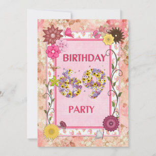 69th birthday party invitation with floral frame