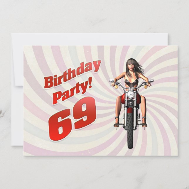 69th birthday party with a girl on a motorbike invitation (Front)