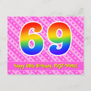 69th Birthday: Pink Stripes & Hearts, Rainbow 69 Postcard