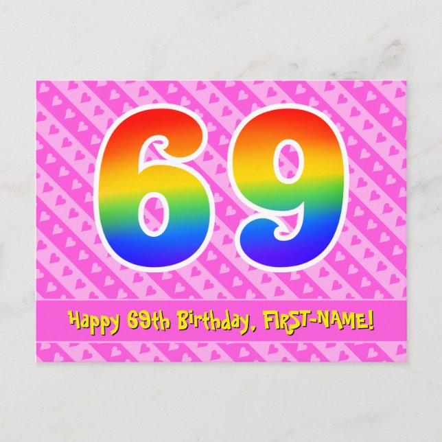 69th Birthday: Pink Stripes & Hearts, Rainbow 69 Postcard (Front)