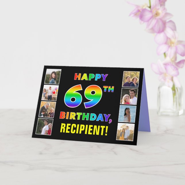 69th Birthday: Rainbow Text, Custom Photos & Name Card (Orchid)