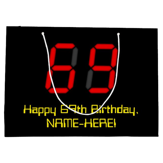 69th Birthday: Red Digital Clock Style "69" + Name Large Gift Bag (Back)