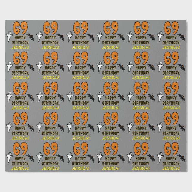 69th Birthday: Spooky Halloween Theme, Custom Name Wrapping Paper (Flat)