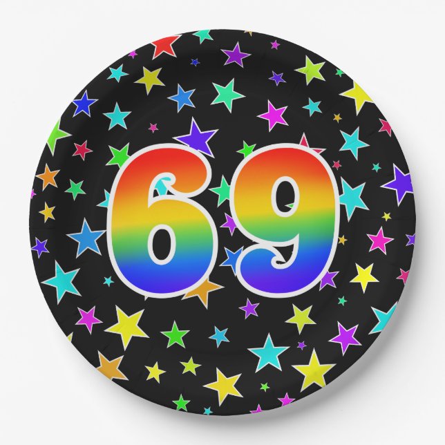 69th Event: Bold, Fun, Colourful Rainbow 69 Paper Plate (Front)
