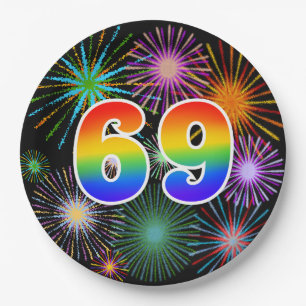 69th Event - Fun, Colourful, Bold, Rainbow 69 Paper Plate