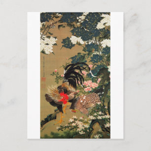 6. 紫陽花双鶏図, 若冲 Hydrangea and Rooster, Jakuchū Postcard