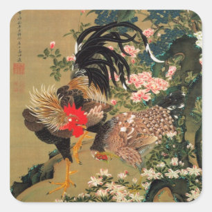 6. 紫陽花双鶏図, 若冲 Hydrangea and Rooster, Jakuchū Square Sticker