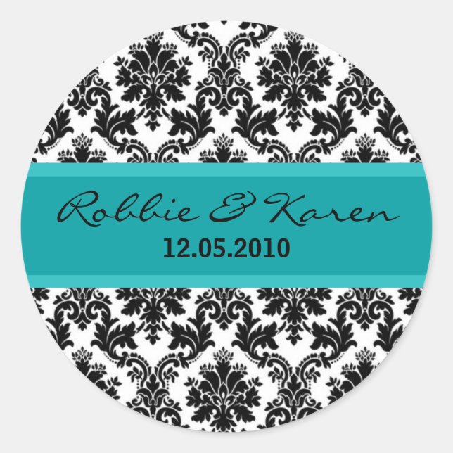 6 - 3" Black Damask Teal Turquoise Favour Stickers (Front)