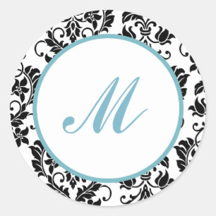 6 - 3" Favour Stickers Black Damask Baby Blue Stri