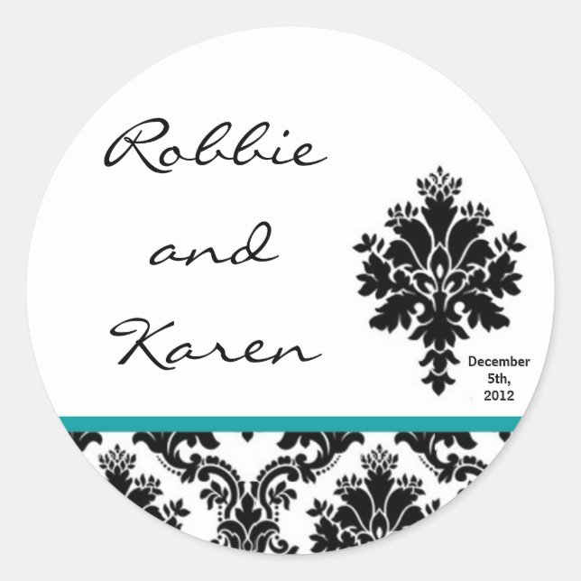 6 - 3" Favour Stickers Black Teal Damask Lace (Front)