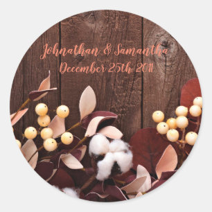 6 - 3" Favour Stickers Cotton Branch on Dark Wood