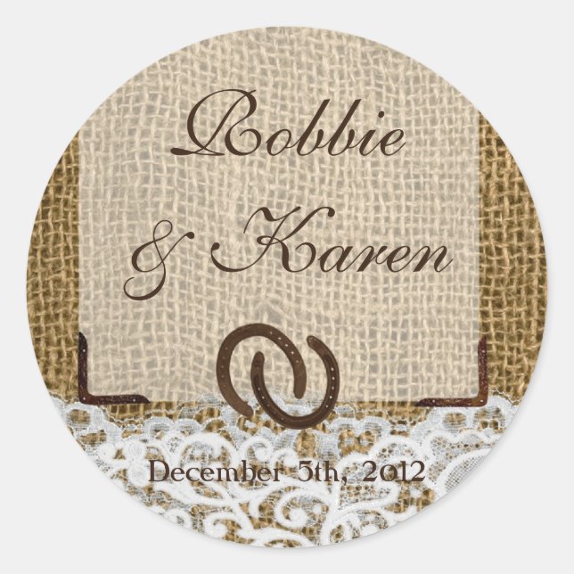 6 - 3" Favour Stickers Horse Shoes on Burlap Lace (Front)