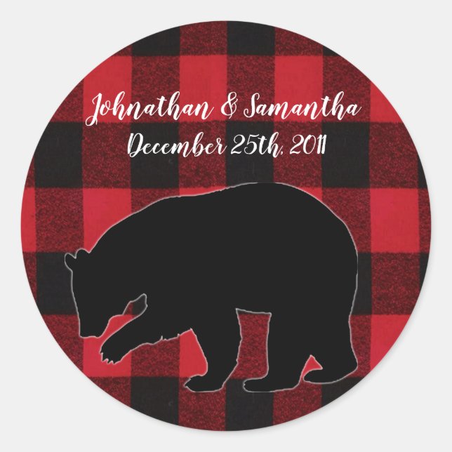 6 - 3"  Favour Stickers Red Buffalo Plaid Bear Bla (Front)