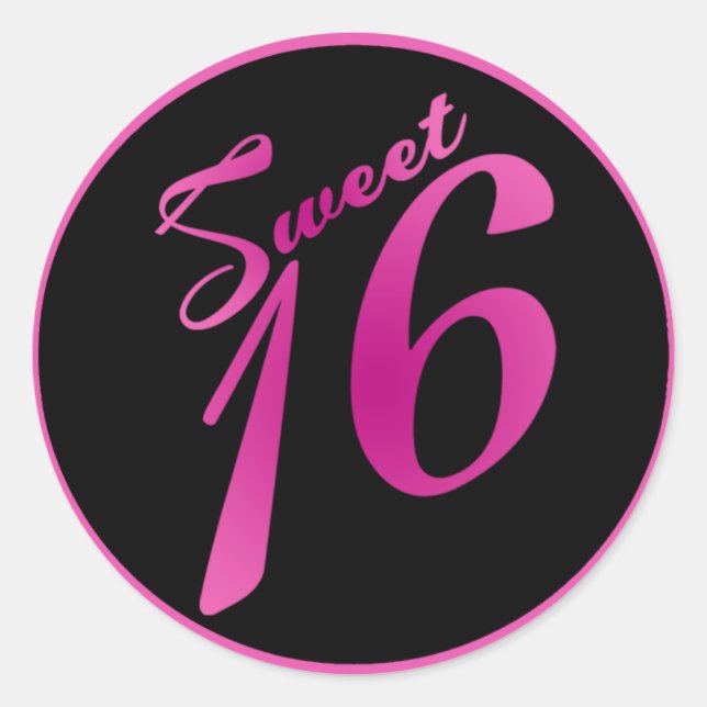 6 - 3"  Favour Stickers Sweet 16 Pink Black Party (Front)