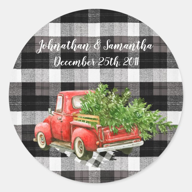 6 - 3"  Favour Stickers XMAS Truck Baffalo Plaid B (Front)