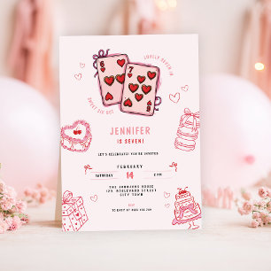 6 7 Birthday for Girls, Pink 7th Kids Party  Invitation