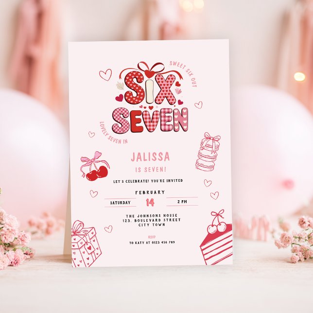 6 7 Birthday for Girls, Pink 7th Kids Party  Invitation (pink 6 7 kids girl's birthday party invitation)