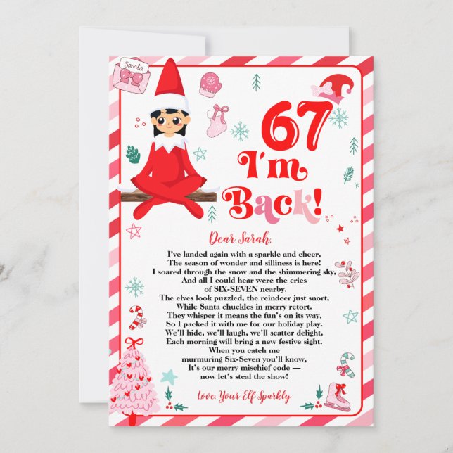 6 7 elf arrival letter girl - funny elf letter 67 holiday card (Front)