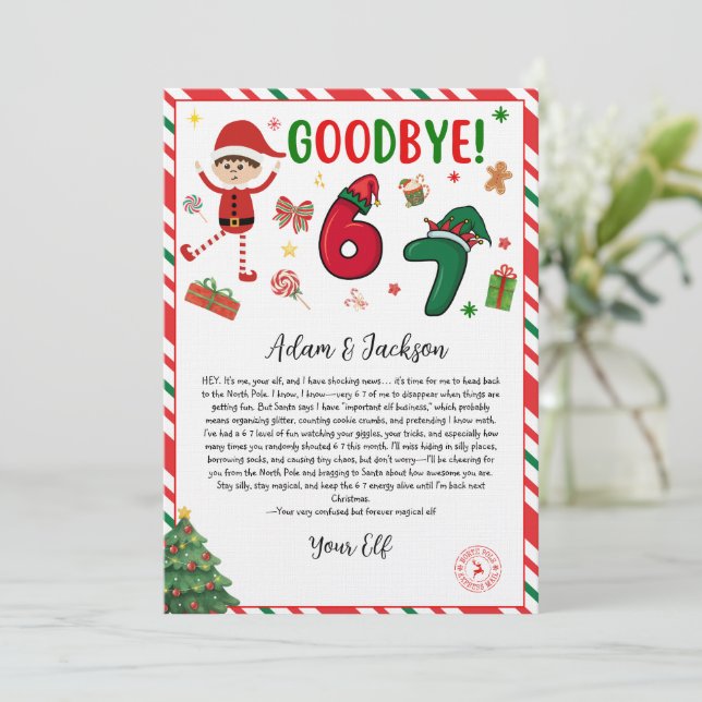 6 7 elf goodbye letter - funny elf letter - 67  invitation (Standing Front)