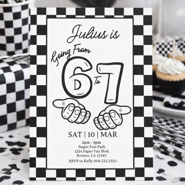 6 7 Meme Birthday Black Chequerboard Invitation (Creator Uploaded)