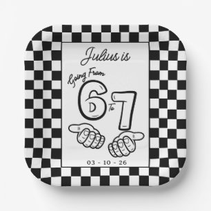 6 7 Meme Black White Checkerboard Birthday Paper Plate